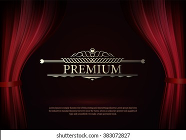 Premium Dark red curtain scene gracefully. Cover with vertical motion blur and text premium. Like curtains in theater. Elegance vector backdrop with vintage sign