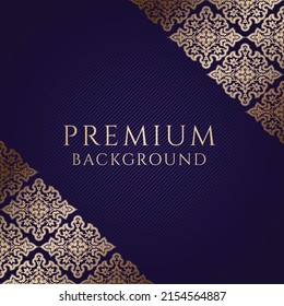 Premium dark violet, purple background with ornamental golden corners and centered space for text. Vector