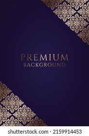 Premium dark violet, purple background with ornamental golden corners and centered space for text. Vector