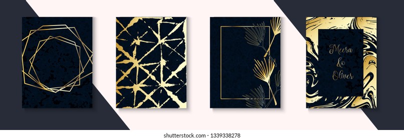 Premium Dark Wedding Invitations Set. Indigo Dark Blue Menu Template. Marble Textured Tropical Leaves Vector Abstract Package. Christmas Polygon Border Collection. Golden Wedding Invitations