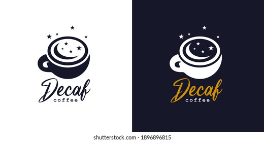 Logo de la taza de café decaf premium. Icono de expreso descafeinado. Luna de café y estrellas de última hora de la noche Señal de bebidas calientes Latte. Ilustración vectorial.