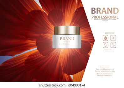 Premium design creme ads. Red graceful cosmetic ads, hydrating facial creme. 3D vector box and flower illustration.