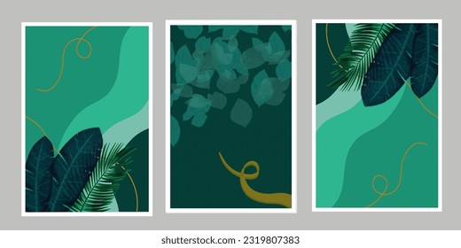 Premium design dark green forest background with green leaves and  golden line. Vector art, horizontal template for digital lux business banner, Textiles banner, abstract art set