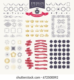 Premium design elements. Great for retro vintage logos. Starbursts, frames, crowns, laurels and ribbons 