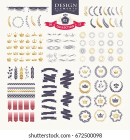 Premium design elements. Great for retro vintage logos. Starbursts, frames, crowns, laurels and ribbons 