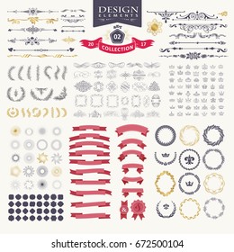 Premium design elements. Great for retro vintage logos. Starbursts, frames, crowns, laurels and ribbons 