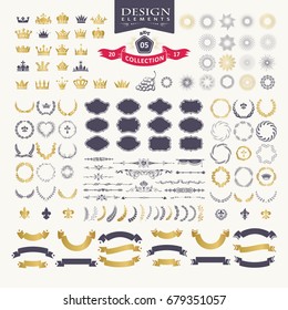 Premium design elements. Great for retro vintage logos. Starbursts, frames, crowns, laurels and ribbons