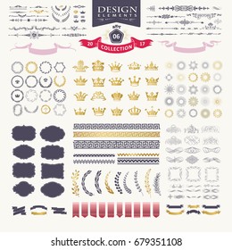 Premium design elements. Great for retro vintage logos. Starbursts, frames, crowns, laurels and ribbons