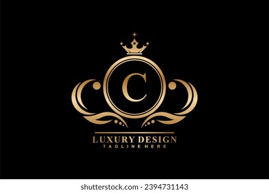 
diseño premium del logotipo del emblema de la letra C con corona y adornos elegantes y elegantes. Lujoso emblema de la letra dorada con corona. Monograma C para belleza, boutiques, negocios, salones, marcas, etc.