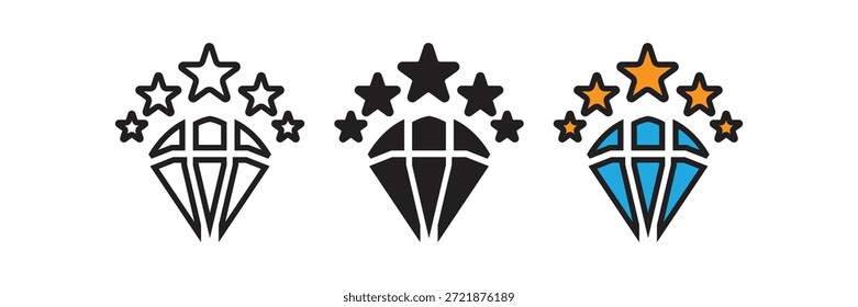 Icono de diamantes de Premium rodeado de cinco estrellas. Ideal para representar joyas de alta calidad, niveles de membresía de élite y Estado de marcas de lujo de primer nivel.