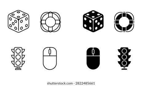 Premium Dice and lifebuoy and computer mouse and traffic light icons isolated on white background Vector Icon