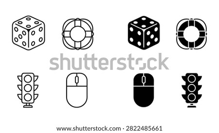 Premium Dice and lifebuoy and computer mouse and traffic light icons isolated on white background Vector Icon