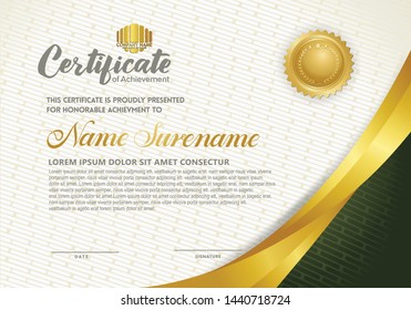 Premium diploma modern certificate template with green texture and gold stripe for workshop, seminar, training and other users