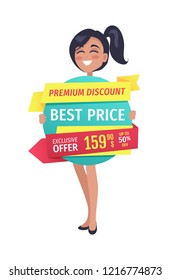 Premium discount and best price exclusive offer for clients. Smiling woman holding ribbon with clearance and good deal for shoppers isolated on vector