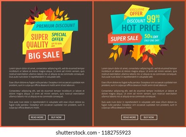 Premium discount hot price exclusive autumnal offer posters set. Decreased prices quality products and reduction on goods. Seasonal promotional vector