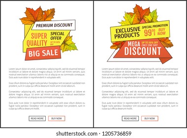 Premium discounts on exclusive products special promotion 99.90 price buy now. Advertisement posters maple leaves. Autumn fall costs reduction banners