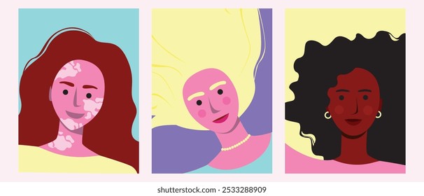 Premium diversas imperfeitas mulheres, aparência diferente de mulheres, grupo étnico, ilustração de stock de vetor plano ou conjunto com perfeitamente imperfeito