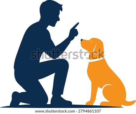 Premium dog training logo vector icon featuring a trainer giving commands to a seated dog in an attentive learning posture. The clean silhouette design symbolizes obedience, communication, discipline,