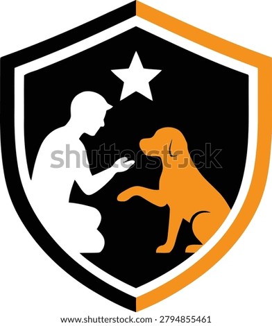 Premium dog training shield logo vector icon featuring a trainer and dog interaction inside a protective shield badge.
