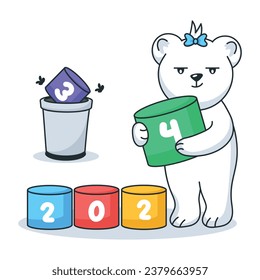 Premium doodle sticker depicting changing year to 2024 