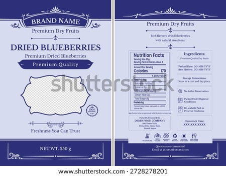 Premium dried blueberries packaging label with nutrition facts for food branding.