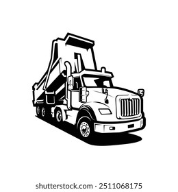 Premium Dump Truck Monochrome Vector. Tipper Truck Silhouette Vector Isolated