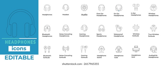 Premium editable headphones vector icons. Clean, minimalist line art for apps, audio brands, and tech designs. Scalable, high-quality, and versatile, perfect for music and podcasts, and fully editable