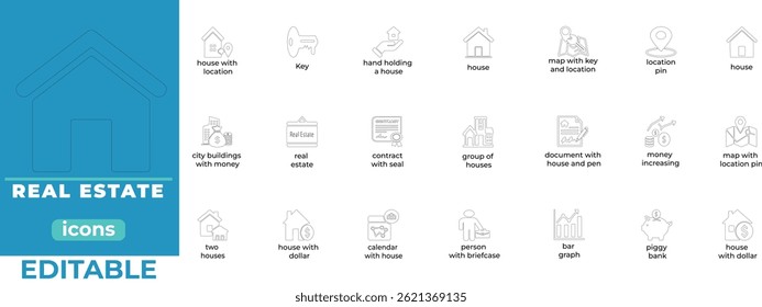 Premium editable Real Estate linear icons for property, housing, and architecture. Clean minimalist vectors for apps, presentations, and branding