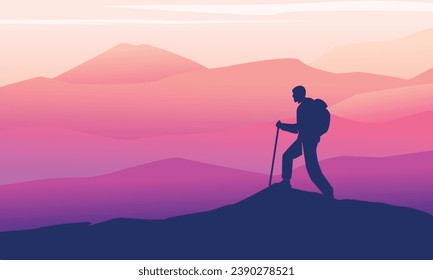  Premium editable vector file of hiking activity at the peak of the mountain in good afternoon scenery best for your digital design and print mockup