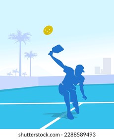 Premium editable vector file of stylish pickleball player playing in the court with beautiful scenery in the background best for your digital design and print