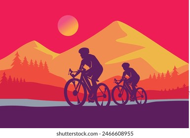 Premium editable vector file of two cyclists with good afternoon mountain scene in the background best for your digital design and print mockup