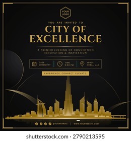 Premium editorial-style event announcement template featuring sophisticated typography, luxury dark composition, elegant information blocks, and refined skyline design. Ideal for gala events, conferences, networking evenings, premium branding, cultural campaigns, and corporate communication.