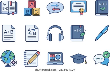 Premium education flat icons vector collection featuring colorful, modern, and editable symbols for learning, teaching, online education, schools, colleges, and academic projects. Includes dictionary, alphabet blocks, speech bubble, certificate, books, math formulas, document, headphones, globe, notebook, laptop, graduation cap, chat, and pen icons. Perfect for websites, mobile apps, presentations, educational materials, infographics, UI design, and print media.