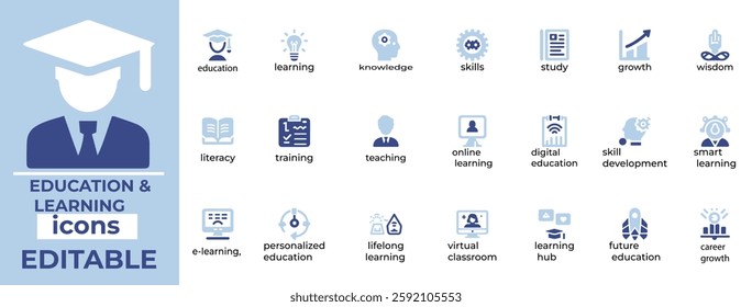 Premium Education and Learning vector icons for schools, e-learning, books, and knowledge. Perfect for web and print