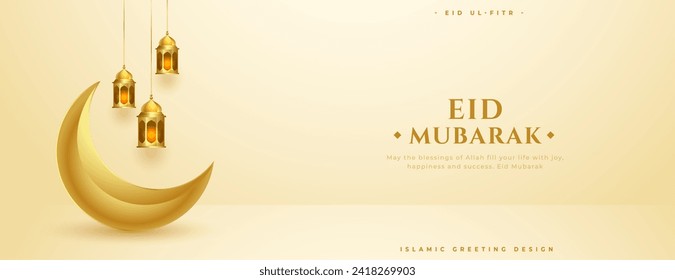 premium eid mubarak celebration wallpaper with 3d golden moon vector