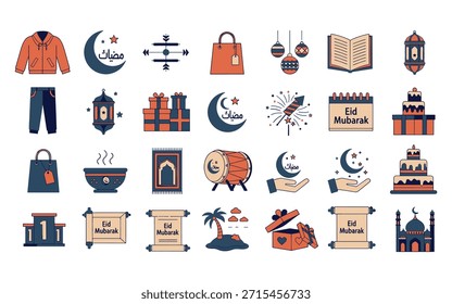 Ícones premium Eid Mubarak com presentes, fogos de artifício, roupas tradicionais e mesquitas. Vetores de alta qualidade para feriado islâmico e design festivo.