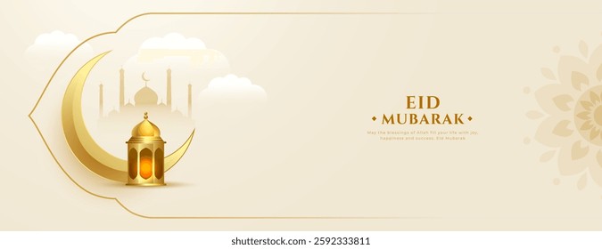 premium eid mubarak wallpaper with golden moon and lamp vector