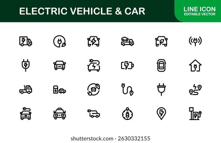 Premium Electric Vehicle and Car Icon Set for Apps, Websites, Automotive Projects, and Sustainable Mobility Designs | High-Quality Vector Graphics