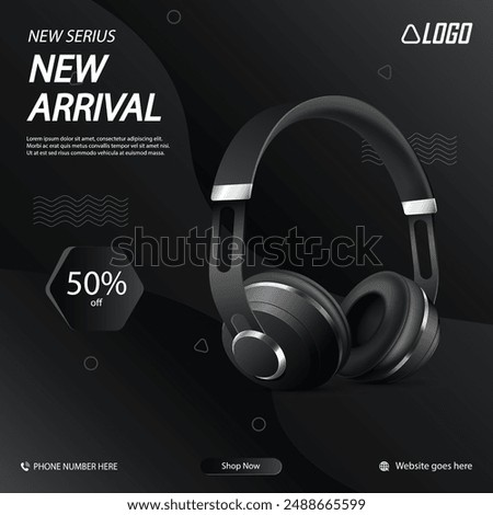 Premium Elegant Black headphone ads on clean black shiny gradient background in 3d illustration, Vector Wireless over ear headphone, Wireless over ear headphone ad, 