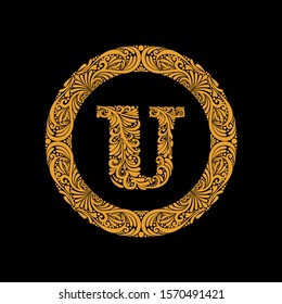 Premium, elegant capital letter U in a round frame is made of floral ornament. Baroque style.Elegant capital letters set 1 in the style of the Baroque.