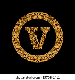 Premium, elegant capital letter V in a round frame is made of floral ornament. Baroque style.Elegant capital letters set 1 in the style of the Baroque.