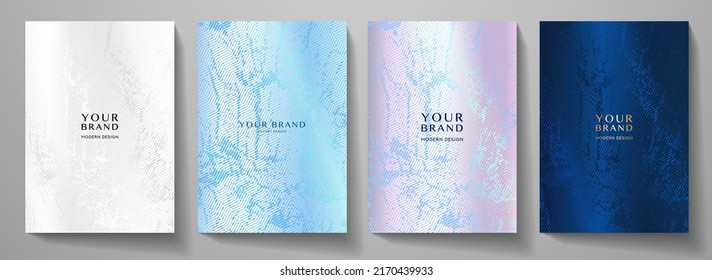Premium elegant cover design set. Luxury fashionable background with abstract digital marble pattern in silver, blue color. Elite vector template for menu, brochure, flyer layout, presentation