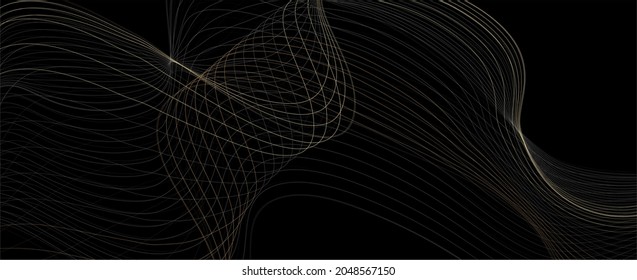 Premium elegant design with golden line pattern on black background. Vector horizontal template for web banner, invitation, luxury flyer, business voucher, gift certificate. 