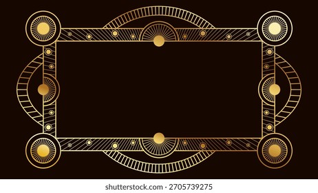 Elegante marco de oro geométrico premium con adornos circulares y patrones art déco simétricos sobre un fondo oscuro, creando un borde decorativo de lujo adecuado para invitaciones, certificados