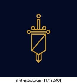 premium elegant linear sword and shield logo design vector template illustration. heraldic knight sword shield symbol icon. universal brand template. 
