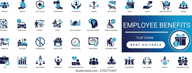 Conjunto de iconos sólidos de beneficios para empleados de Premium con compensación, seguro, bonificación y jubilación. Elementos de Vector editables de alta calidad para la gestión de recursos humanos y proyectos de bienestar de la fuerza laboral