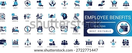 Premium employee benefits solid icon set featuring compensation, insurance, bonus, and retirement. High-quality editable vector elements for HR management and workforce wellness projects