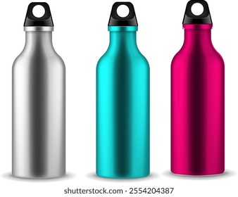 A premium EPS vector of reusable water bottles in silver, teal, and pink with a metallic finish. Ideal for product branding, eco-friendly designs, packaging, and promotional campaigns.