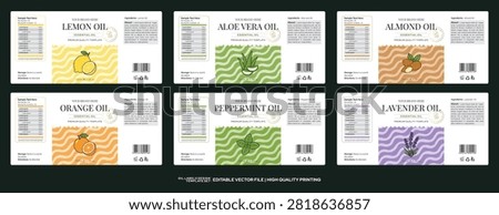 Premium Essential Oil Ingredients Vector Label Set – Lemon, Aloe Vera, Almond, Orange, Mint, Lavender Botanical Packaging Icons, Cosmetic, Skincare Aromatherapy Labels