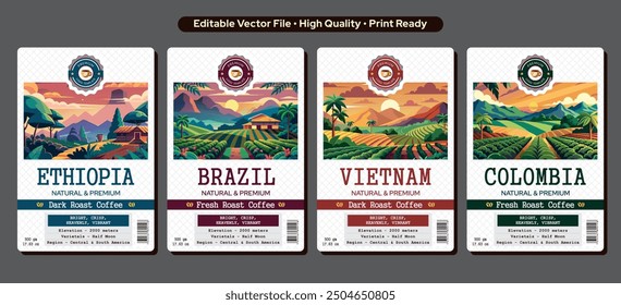 Premium Ethiopian Coffee label design Brazil Coffee Set Sticker Design and Vietnam Coffee Label Template Design with Field Landscapes, Colombia Coffee Label design, Vector Editable Template Download